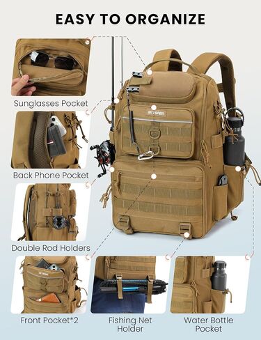SKYSPER Tackle Backpack Fishing Bags with Rod Holder, 40L Water-Resistant Tackle Box Storage Bag for Fishing Gear Lures(Khaki) in Saudi Arabia
