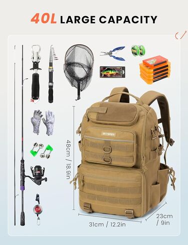 SKYSPER Tackle Backpack Fishing Bags with Rod Holder, 40L Water-Resistant Tackle Box Storage Bag for Fishing Gear Lures(Khaki) in Saudi Arabia