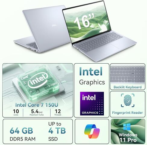 Dell Inspiron 16 Touchscreen Business Laptop – Intel Core 7 150U 10-Core, 64GB DDR5, 2TB SSD, 16:10 FHD+ IPS, Windows 11 Pro, AI Copilot, Fingerprint Reader, Backlit Keyboard, Laptop Accessories Kit in Saudi Arabia