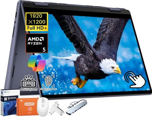 Dell Inspiron 14 2-in-1 Business Laptop, 14" FHD+ Touchscreen, AMD Ryzen 5 8640HS, 64GB DDR5, 1TB SSD, Long Battery Life, Backlit Keyboard, Fingerprint Reader, Copilot AI, Windows 11 Pro, Accessories in Saudi Arabia