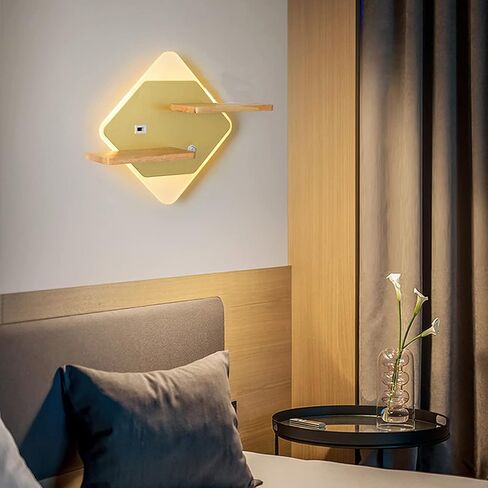 مصباح جدار LED الحديث مع رف خشبي: ضوء قراءة داخلي متعدد الاستخدامات مع مفتاح التبديل والمنفذ USB - مثالي لغرفة النوم والفندق ، 3000k أبيض دافئ in Kuwait