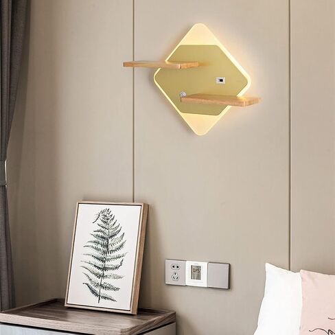 مصباح جدار LED الحديث مع رف خشبي: ضوء قراءة داخلي متعدد الاستخدامات مع مفتاح التبديل والمنفذ USB - مثالي لغرفة النوم والفندق ، 3000k أبيض دافئ in Kuwait