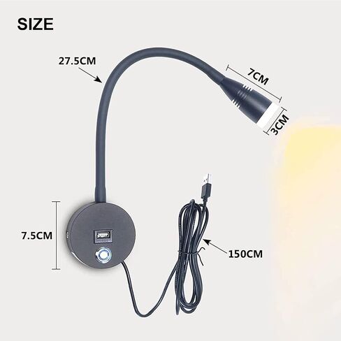 LED قراءة مصباح المصباح مثبتة على الجدار قابلة للضايق مع مفتاح اللمس ومنفذ شحن USB ، 360 درجة مرنة Groenseck Wall Lamp in Kuwait