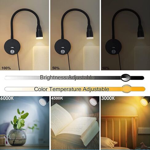 LED قراءة مصباح المصباح مثبتة على الجدار قابلة للضايق مع مفتاح اللمس ومنفذ شحن USB ، 360 درجة مرنة Groenseck Wall Lamp in Kuwait