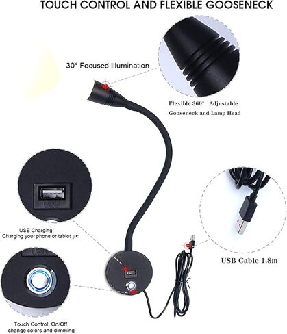 LED قراءة مصباح المصباح مثبتة على الجدار قابلة للضايق مع مفتاح اللمس ومنفذ شحن USB ، 360 درجة مرنة Groenseck Wall Lamp in Kuwait