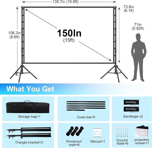 Outdoor Projector Screen and Stand,150-inch Indoor Portable Projection Screen,16:9 4K HD Wrinkle-Free Rear Front Movie Screen with Carry Bag for Backyard Movie Night RVing Home Theater in Saudi Arabia