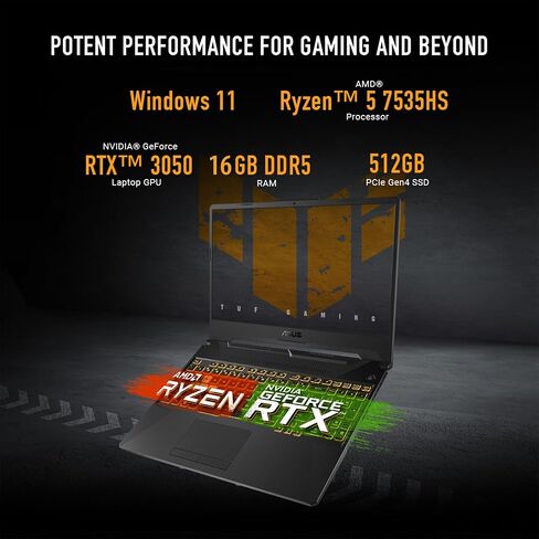 ASUS TUF Gaming A15 Gaming Laptop, 15.6" FHD 16:9 144Hz Display, AMD Ryzen™ 5 7535HS Processor, NVIDIA® GeForce RTX™ 3050, 16GB DDR5, 512GB PCIe® Gen 4.0 SSD, Wi-Fi 6, Windows 11 Home, FA506NC-DS53 in Saudi Arabia