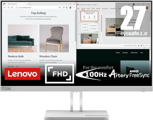 Lenovo L27e-40 Monitor, 27" Display, Full HD Resolution, 300 nits Brightness, 100Hz Refresh Rate, AMD FreeSync, HDMI 1.4 and VGA Ports, Tilt-Adjustable Stand, Natural Low Blue Light, Cloud Grey in Saudi Arabia
