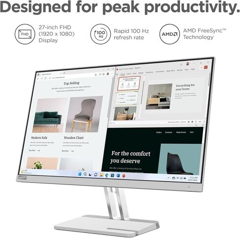 Lenovo L27e-40 Monitor, 27" Display, Full HD Resolution, 300 nits Brightness, 100Hz Refresh Rate, AMD FreeSync, HDMI 1.4 and VGA Ports, Tilt-Adjustable Stand, Natural Low Blue Light, Cloud Grey in Saudi Arabia