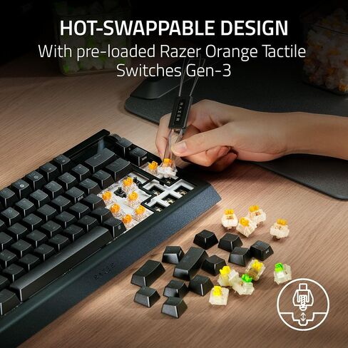 Razer Blackwidow V4 Pro 75 ٪ لوحة مفاتيح ألعاب لاسلكية: OLED Display -TRUE 4K Hz Wireless -Bluetooth - Hot Swappable - Orange Traces - Dial Command - Snap Tap - Chroma RGB -Wrist Rest (READED) in Kuwait