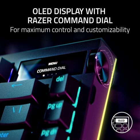 Razer Blackwidow V4 Pro 75 ٪ لوحة مفاتيح ألعاب لاسلكية: OLED Display -TRUE 4K Hz Wireless -Bluetooth - Hot Swappable - Orange Traces - Dial Command - Snap Tap - Chroma RGB -Wrist Rest (READED) in Kuwait