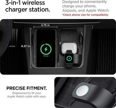 Spigen 3-in-1 Organizer Mount for Tesla Model 3 Highland (Standard, Premium & Performance 2024/25/26) (Watch Charger Not Included) - Uses Wireless Charging Pad - Charge iPhone, AirPods, Apple Watch in Kuwait