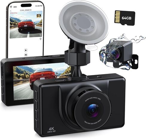 4K الأمامية و 1080 بكسل كاميرا اندفاعة خلفية للسيارات مع التحكم في تطبيق WIFI 5G ، رؤية WDR الليلية ، بطاقة 64 جيجابايت ، شاشة 3 "IPS ، زاوية واسعة 170 درجة ، وضع وقوف السيارات ، تسجيل حلقة ، مستشعر G ، مقاومة للحرارة in Kuwait