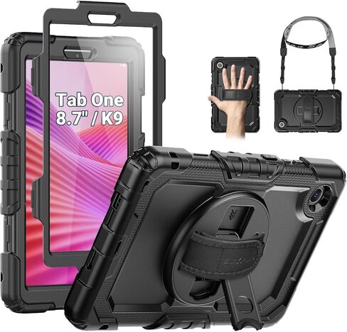 علبة SEYMAC لـ LENOVO TAB ONE 8.7 بوصة/ K9 TB305FU (2025) ، حالة حماية صدمية عالية الدقة مع حامية الشاشة ، وقصة ، حزام يدوي/ كتف وحامل القلم ، الأسود in Kuwait