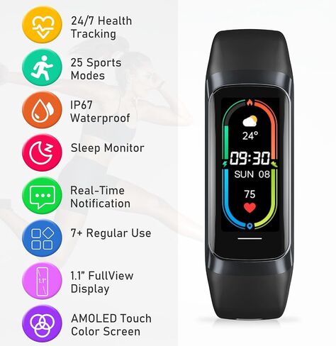 تعقب اللياقة مع معدل 24/7HEARTH ، ضغط الدم ، تتبع النوم ، السعرات الحرارية ، تعقب النشاط مع شاشة ملونة 1.1 "AMOLED ، تعقب الخطوة المقاومة للماء لنساء iPhone Android iPhone الرجال in Kuwait