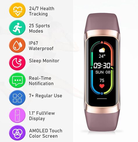 تعقب اللياقة مع معدل 24/7HEARTH ، ضغط الدم ، تتبع النوم ، السعرات الحرارية ، تعقب النشاط مع شاشة ملونة 1.1 "AMOLED ، تعقب الخطوة المقاومة للماء لنساء iPhone Android iPhone الرجال in Kuwait