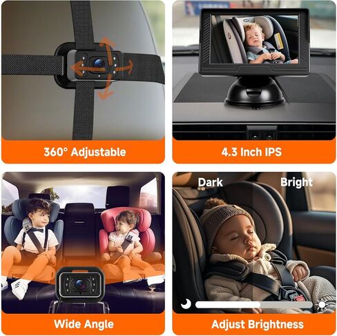 كاميرا سيارة Baby Car Camera HD الخلفية للطفل مع مراقبة 4.3 بوصة ، رؤية ليلية الأشعة تحت الحمراء ، زاوية عريضة ، سهلة التثبيت 360 درجة ، سلامة للأطفال in Kuwait