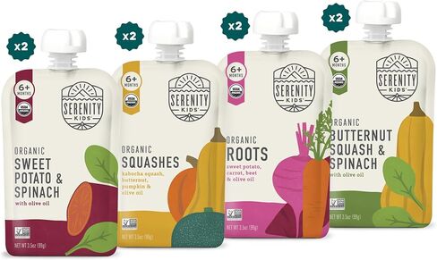 Serenity Kids 6+ Months Certified Organic Baby Food Pouches Veggie Puree Variety Pack 18 count- No Sugary Fruits/Added Sugar - Allergen Free - 3.5 Ounce BPA-Free Bag - Variety Pack - Baby Food Veggies Puree in Kuwait