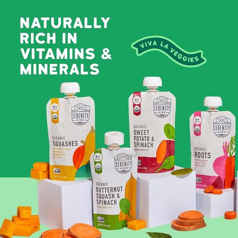 Serenity Kids 6+ Months Certified Organic Baby Food Pouches Veggie Puree Variety Pack 18 count- No Sugary Fruits/Added Sugar - Allergen Free - 3.5 Ounce BPA-Free Bag - Variety Pack - Baby Food Veggies Puree in Kuwait