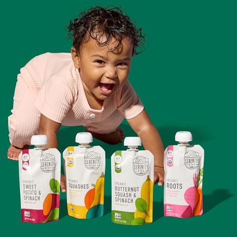 Serenity Kids 6+ Months Certified Organic Baby Food Pouches Veggie Puree Variety Pack 18 count- No Sugary Fruits/Added Sugar - Allergen Free - 3.5 Ounce BPA-Free Bag - Variety Pack - Baby Food Veggies Puree in Kuwait