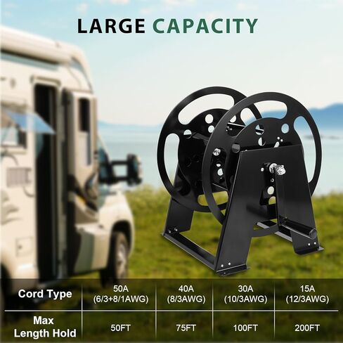 RV Extension Cord Storage Reel, Mountable Metal Reel Frame Holds Up To 200 Feet Of 15A (12/3 AWG), Power Cord Reel with Durable Bearings ＆ Foldable Handle in Saudi Arabia