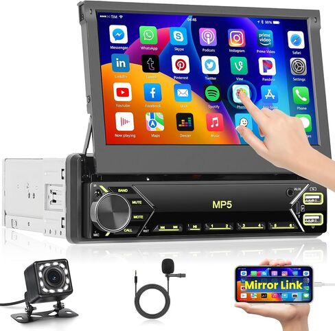 Radio Single Din Touchscreen Radio 7 '' Flip Out Screen Car Stereo مع Bluetooth USB Type C Fast Charge Audio Audio Receiver Camera SWC FM MIC TF AUX في Eq in Kuwait