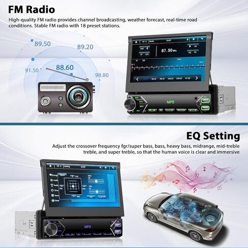 Single Din Touchscreen Radio 7'' Flip Out Screen Car Stereo with Bluetooth USB Type C Fast Charge Car Audio Receiver Backup Camera SWC FM MIC TF AUX in EQ in Kuwait