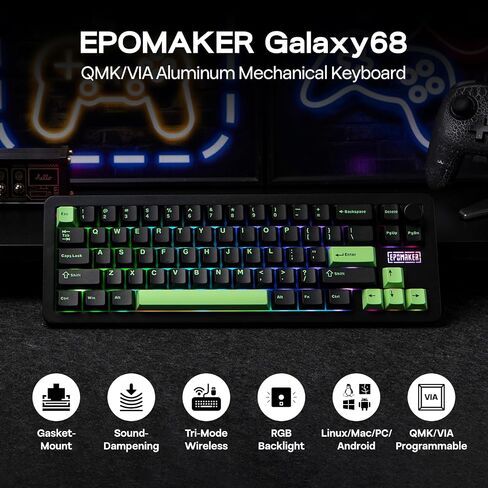 Epomaker Galaxy68 QMK/عبر لوحة المفاتيح الميكانيكية اللاسلكية ، الألومنيوم المختلط ، الأعلى/الحشية ، 6000 مللي أمبير ، الجانب RGB/الإضاءة الخلفية ، 65 ٪ لوحة مفاتيح ألعاب مع مفتاح دسم الساخن (مفتاح أبيض ، Wisteria خطي خطي) in Kuwait