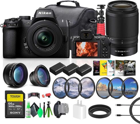 Nikon Z50 II Compact Mirrorless Digital Camera مع Nikkor Z DX 16-50 مم و 50-250 مم العدسة Zoom Kit + 64GB بطاقة الذاكرة + 2 x EN-EL25 + Photo Softwar in Saudi Arabia