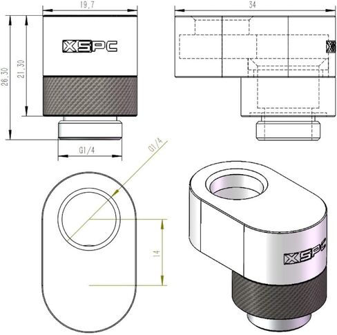 XSPC G1/4 Rotary 14mm محول الإزاحة المحول ، كروم أسود ، عبوة 2 in Kuwait