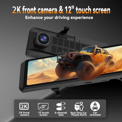 MUYACDST'G 12''Rear View Mirror Camera,4-Channel Mirror with BSD Blind spot Monitoring, 2K Front Lens+FHD1080Px3,Reverse Assist, Streaming Function,Parking Monitoring,Free 128GB Card in Saudi Arabia