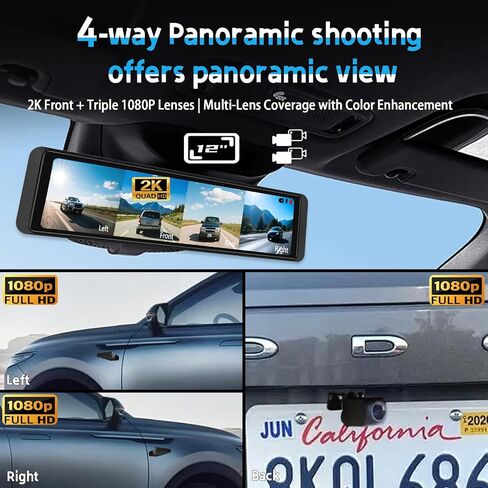 MUYACDST'G 12''Rear View Mirror Camera,4-Channel Mirror with BSD Blind spot Monitoring, 2K Front Lens+FHD1080Px3,Reverse Assist, Streaming Function,Parking Monitoring,Free 128GB Card in Saudi Arabia