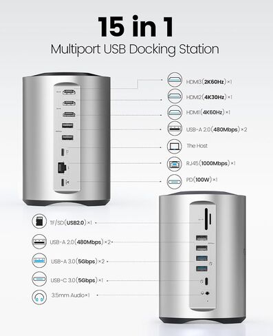 ORICO USB-C Triple Monitor Docking Station with 3 HDMI Ports, 15-in-1 USB C Laptop Dock for MacBook Pro M1/M2/Windows, 7 USB Ports, Ethernet,100W PD, SD/TF Card Reader, 3.5mm Audio (Silver) in Saudi Arabia