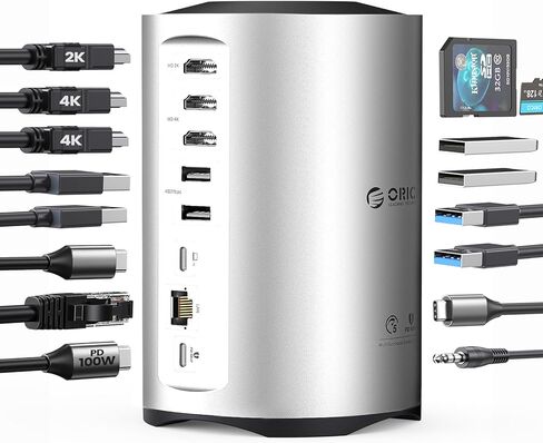 ORICO USB-C Triple Monitor Docking Station with 3 HDMI Ports, 15-in-1 USB C Laptop Dock for MacBook Pro M1/M2/Windows, 7 USB Ports, Ethernet,100W PD, SD/TF Card Reader, 3.5mm Audio (Silver) in Saudi Arabia