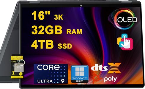 HP OmniBook X Flip 2-in-1 Laptop 16" 3K OLED Touch (100% DCI-P3, 120Hz) Intel 8-core Ultra 9 288V (Up to 48 Tops) 32GB RAM 1TB SSD for Creator Designer Business Professional Win11 ICP Hub Copilot+ AI in Saudi Arabia