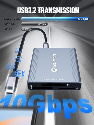 قارئ بطاقات CFexpress، قارئ بطاقات Moman C1B من النوع B USB C 3.1 Gen 2 سرعة نقل 10 جيجابت في الثانية، محول بطاقة ذاكرة محمول من الألومنيوم لنظام التشغيل Windows/Mac OS/Android، CFexpress-Memory-Card-Reader-TypeB in Kuwait