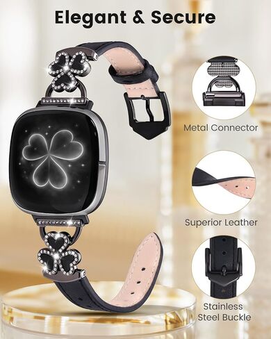 أشرطة جلدية متوافقة مع Fitbit Versa 4/Versa 3/Sense 2/Sense Band للنساء ، حزام رفيع الأنيق رفيع مع سحر البرسيم - مشبك معدني مزخرف لـ Fitbit Versa 4 مجموعات Smartwatch in Kuwait