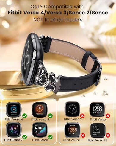 أشرطة جلدية متوافقة مع Fitbit Versa 4/Versa 3/Sense 2/Sense Band للنساء ، حزام رفيع الأنيق رفيع مع سحر البرسيم - مشبك معدني مزخرف لـ Fitbit Versa 4 مجموعات Smartwatch in Kuwait