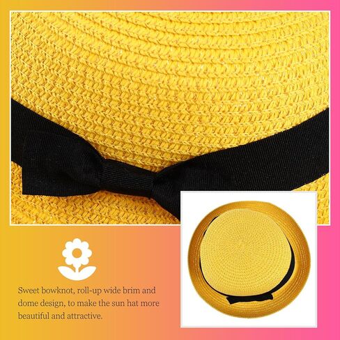 Yellow Straw Sun Hat for Women and Girls: Wide Brim Bowknot Dome Design, Foldable and Packable for Beach and Summer Adventures in Saudi Arabia