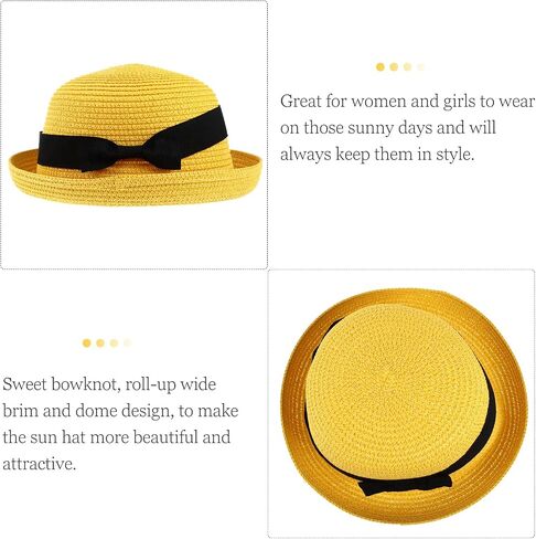 Yellow Straw Sun Hat for Women and Girls: Wide Brim Bowknot Dome Design, Foldable and Packable for Beach and Summer Adventures in Saudi Arabia