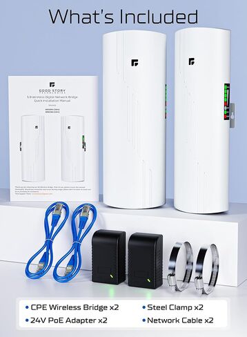 Wireless Bridge Point to Point Outdoor WiFi, Wireless Network Expansion Kit, Long Range High Speed 5G | 2 Units Bridge Kit Complete Pre-Configured - P2P 1000Mbps 5Km(2Pack) in Kuwait