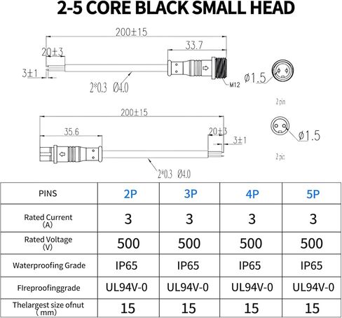 5pcs M12 12mm مقاومة للماء 2 3 4 5pin IP65 سلك كابل سلك لشرائط LED الذكور والإناث مقبس 20 سم رأس الحجم الصغير (4p) in Kuwait