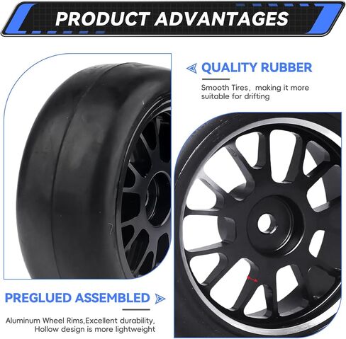AllinRC PreGlued Aluminum 12mm Hex RC Wheels and Tires OD 2.56" for 1/10 On-Road Touring Car RC Drift Car, Set of 4 (Edition C) in Kuwait