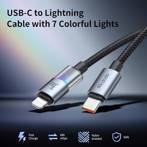 mcdodo USB-A to Lightning Charging Cable with 7 Colorful Lights, 4ft Length Nylon Braided USB Lightning 3A Fast Charger Cable Cord Fit for iPhone 14 13 12 11/Pro/ProMax/Plus, iPad, AirPods, iTouch in Saudi Arabia