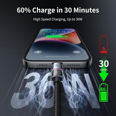 mcdodo USB-A to Lightning Charging Cable with 7 Colorful Lights, 4ft Length Nylon Braided USB Lightning 3A Fast Charger Cable Cord Fit for iPhone 14 13 12 11/Pro/ProMax/Plus, iPad, AirPods, iTouch in Saudi Arabia