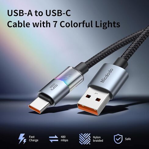 McDodo USB-A إلى كبل شحن البرق مع 7 مصابيح ملونة ، بطول 4 أقدام نايلون مضفر USB Lightning 3A سلك كابل الشاحن السريع من أجل iPhone 14 13 12 11/pro/promax/plus ، ipad ، airpods ، itouch in Kuwait