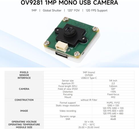 ودعم Waveshare OV9281 1MP MONO USB (A) ، تسجيل معدل إطارات مرتفع 120 إطارًا في الثانية ، مصراع عالمي للتصوير أوضح in Saudi Arabia