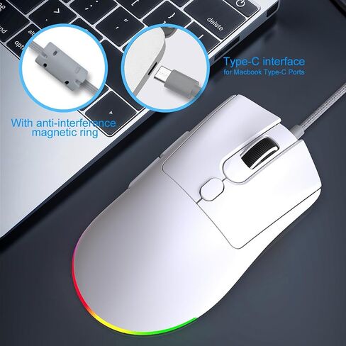 HXMJ Wired USB C Gaming Mice,7200DPI,Ergonomic Mouse with RGB Backlit for Apple MacBook,Computer or Laptops with Type C Port-White in Kuwait