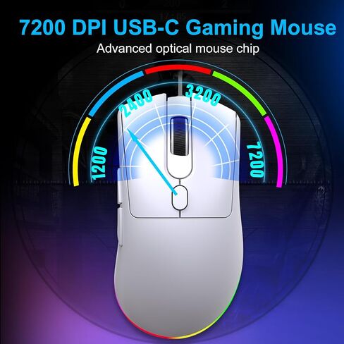 HXMJ Wired USB C Gaming Mice,7200DPI,Ergonomic Mouse with RGB Backlit for Apple MacBook,Computer or Laptops with Type C Port-White in Kuwait