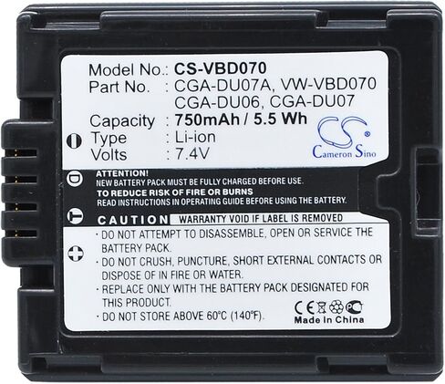 استبدال البطارية ل Panasonic رقم الجزء: CGR-DU07 ، VW-VBD060 ، VW-VBD070 ، PV-GS19 ، PV-GS200 ، PV-GS250 ، PV-GS29 ، PV-GS300 ، PV-GS31 ، PV-GS320 ، PV-GS33 in Kuwait